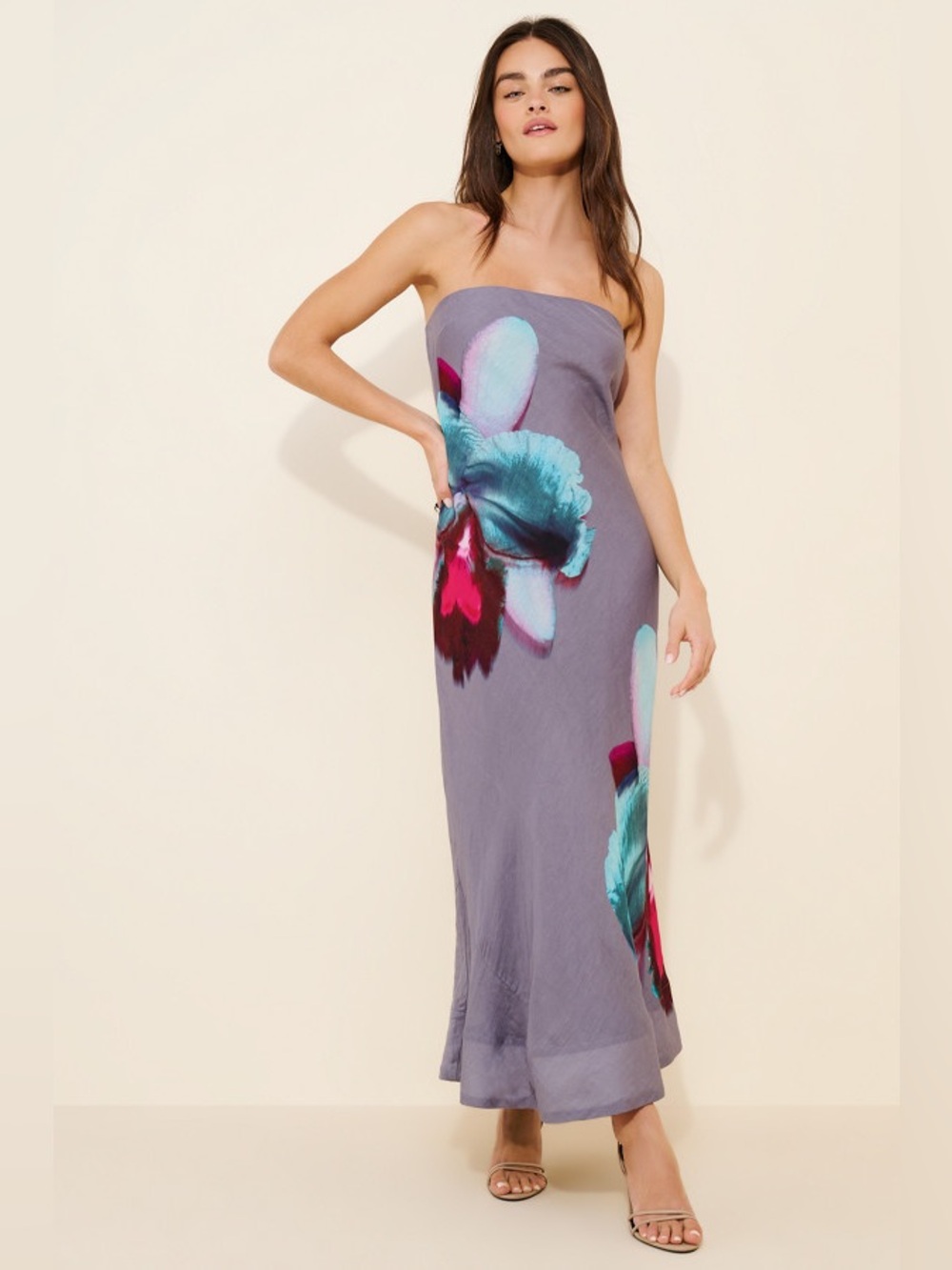 Strapless Floral Maxi Dress in Purple & Blue Like New